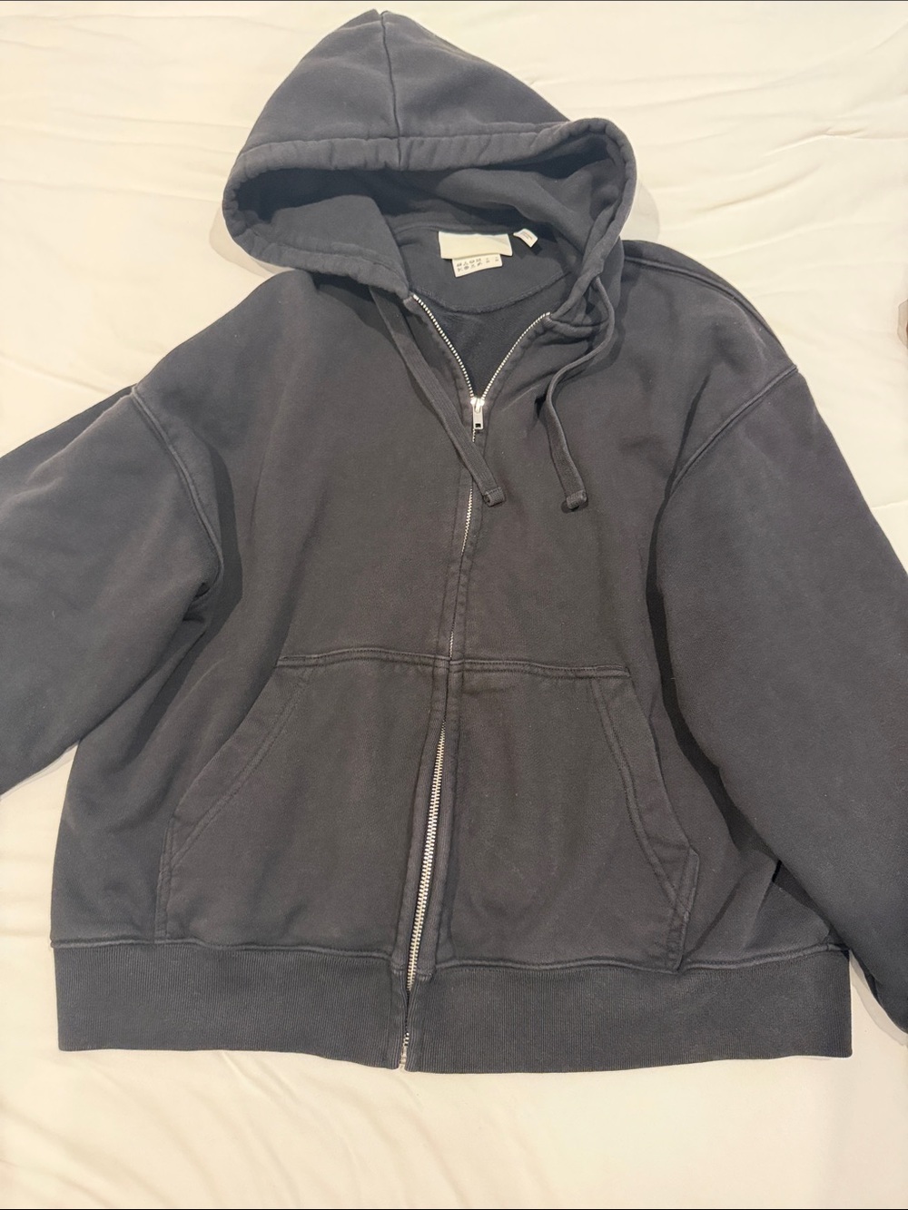 Men's Washed Black Zip-Up Hooded Jacket Heavy material
